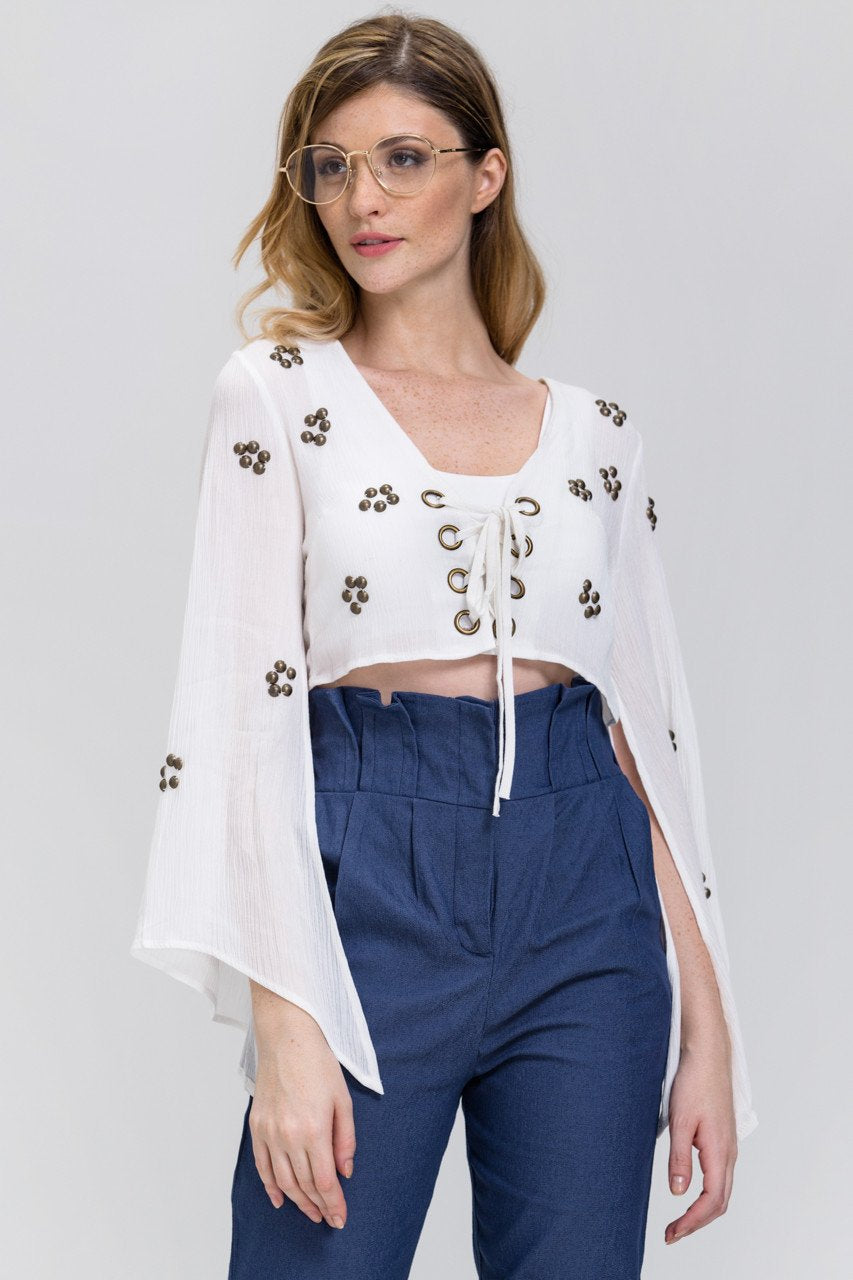 White Lace Up Flare Sleeve Bolero - ownthelooks-Development