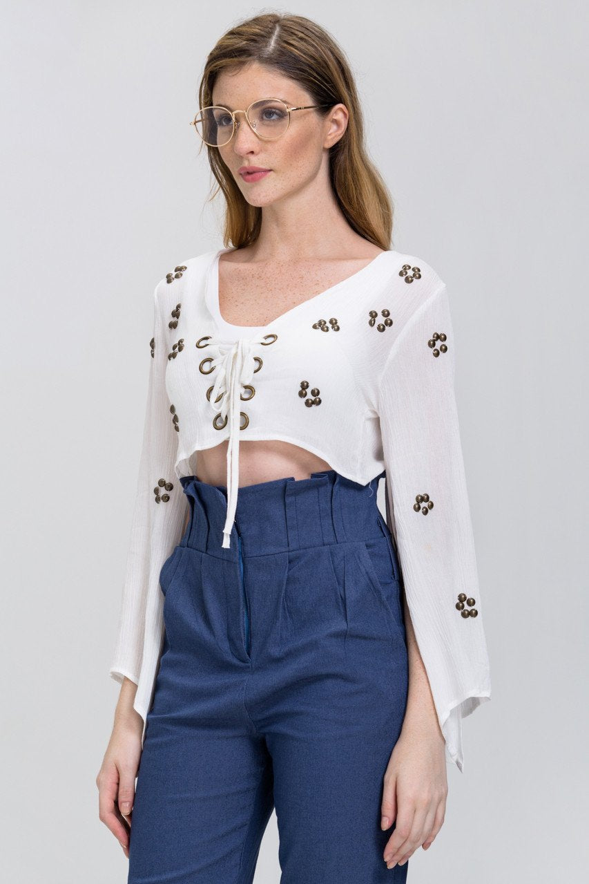 White Lace Up Flare Sleeve Bolero - ownthelooks-Development