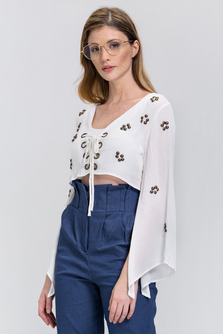 White Lace Up Flare Sleeve Bolero - ownthelooks-Development