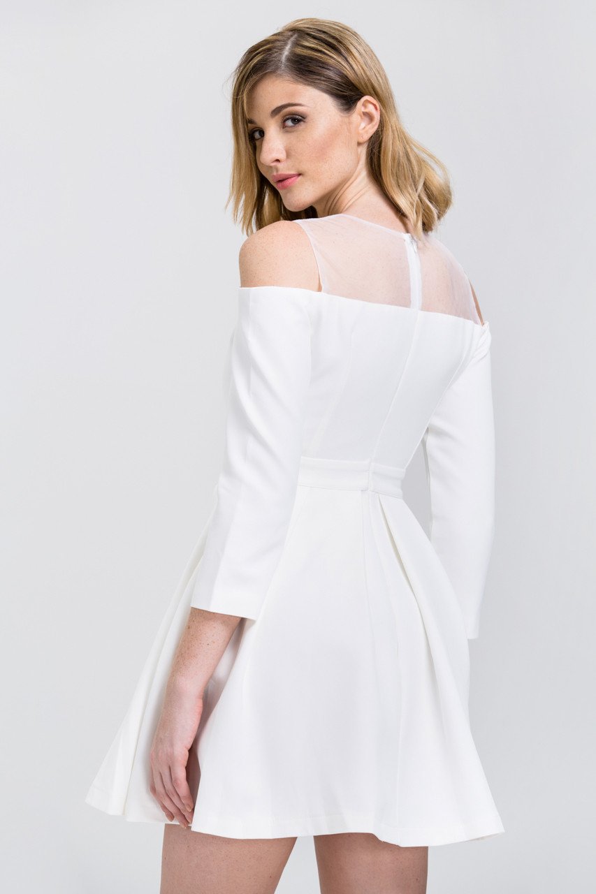 White Off-The-Shoulder Sheer Yoke Skater Mini Dress - ownthelooks-Development
