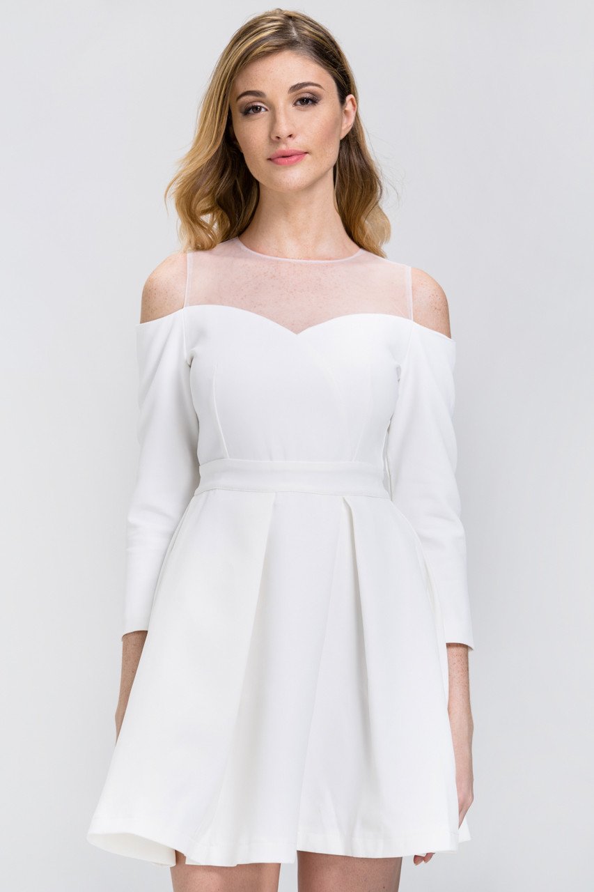 White Off-The-Shoulder Sheer Yoke Skater Mini Dress - ownthelooks-Development