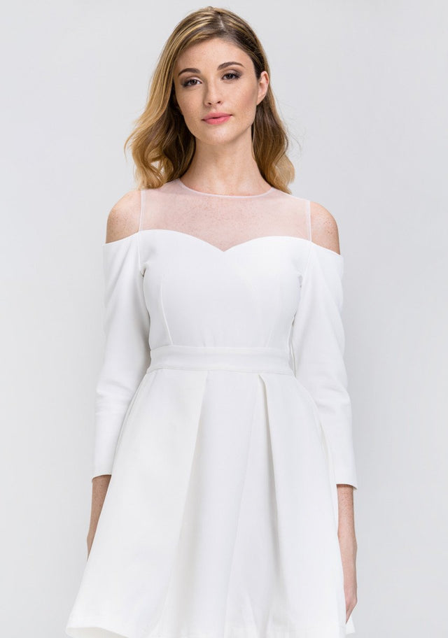 White Off-The-Shoulder Sheer Yoke Skater Mini Dress - ownthelooks-Development