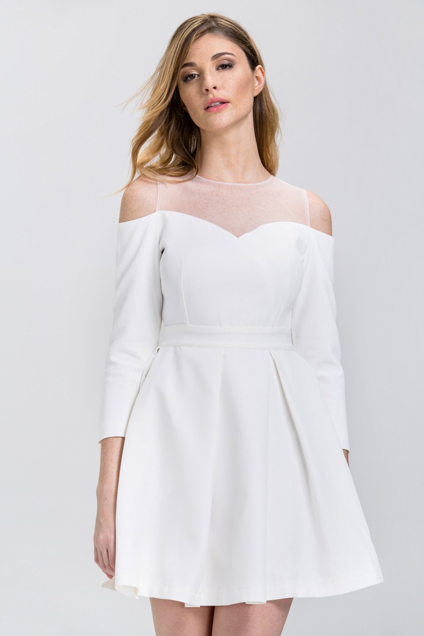 White Off-The-Shoulder Sheer Yoke Skater Mini Dress - ownthelooks-Development