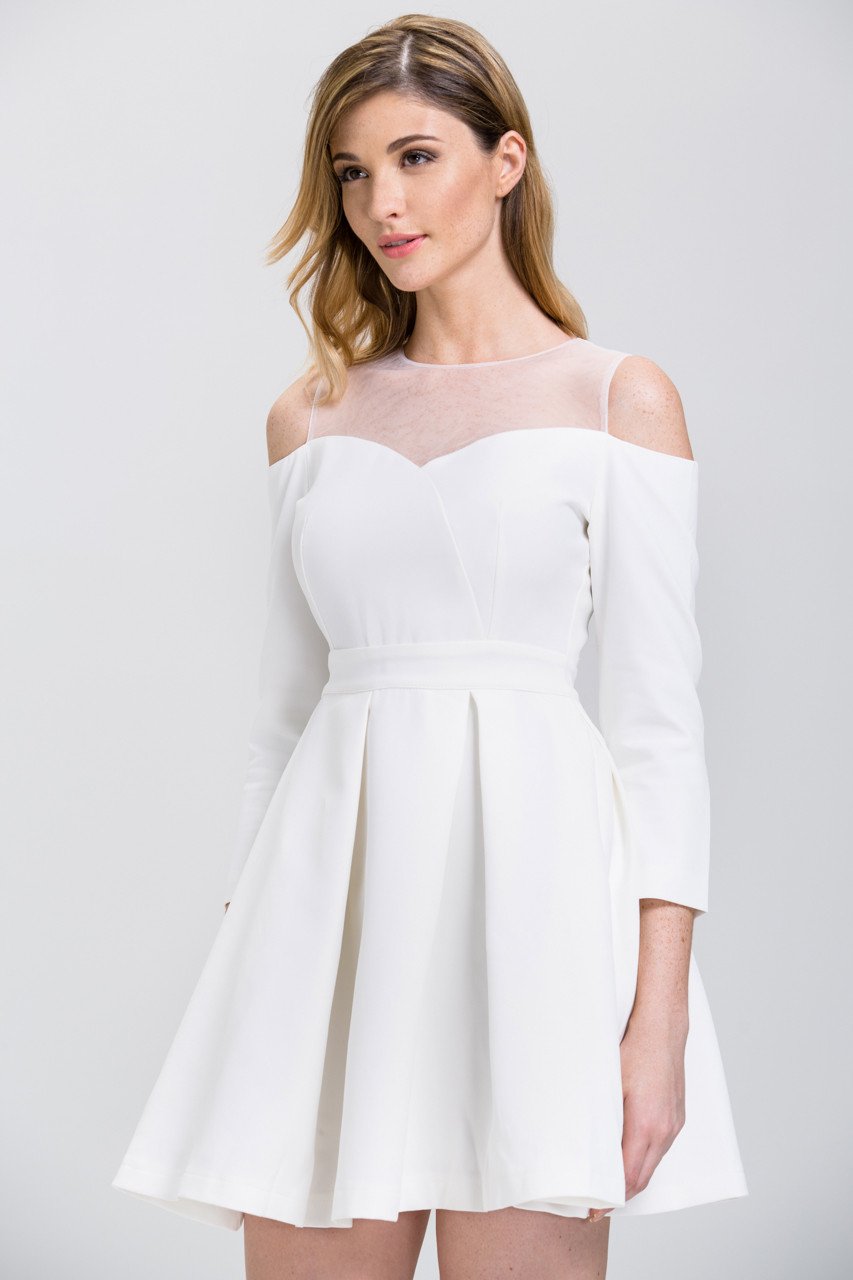 White Off-The-Shoulder Sheer Yoke Skater Mini Dress - ownthelooks-Development