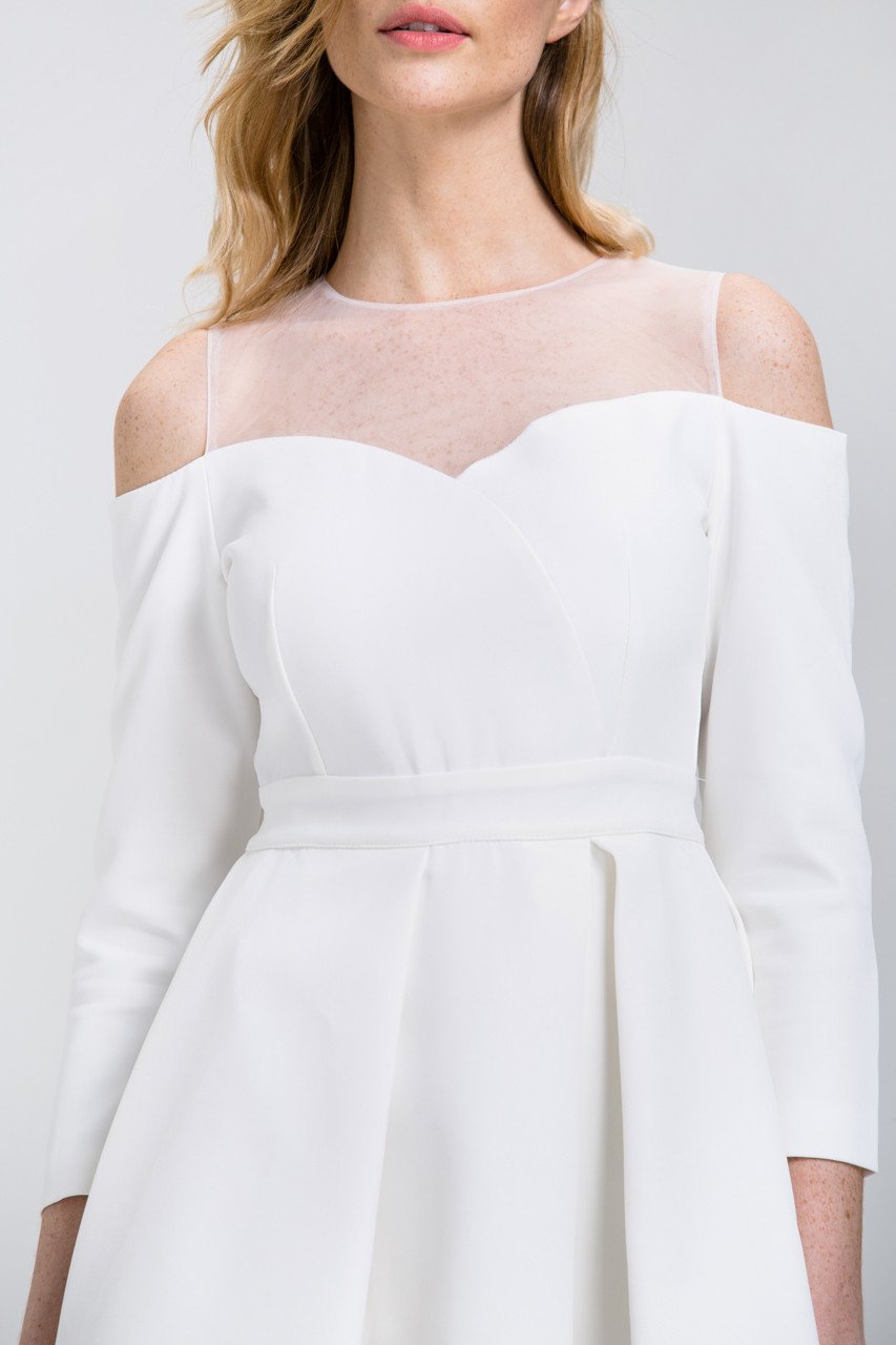 White Off-The-Shoulder Sheer Yoke Skater Mini Dress - ownthelooks-Development