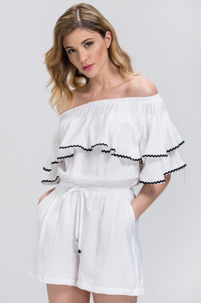 White Ruffled Off the Shoulder Drawstring Playsuit - ownthelooks-Development