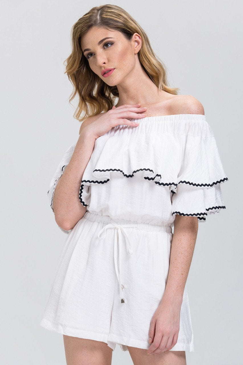 White Ruffled Off the Shoulder Drawstring Playsuit - ownthelooks-Development