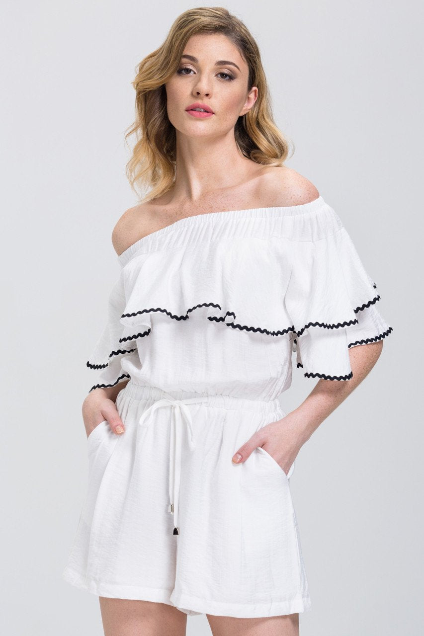 White Ruffled Off the Shoulder Drawstring Playsuit - ownthelooks-Development