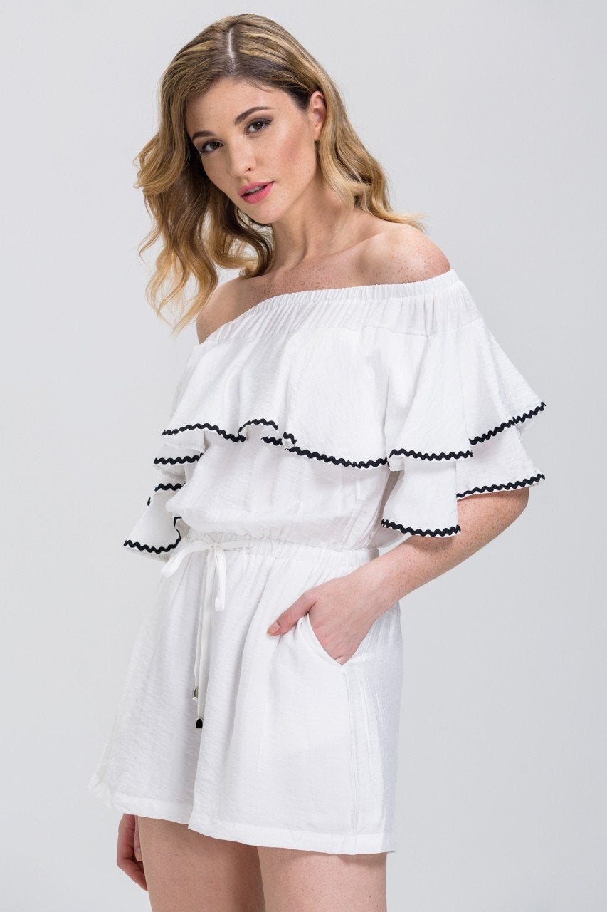 White Ruffled Off the Shoulder Drawstring Playsuit - ownthelooks-Development