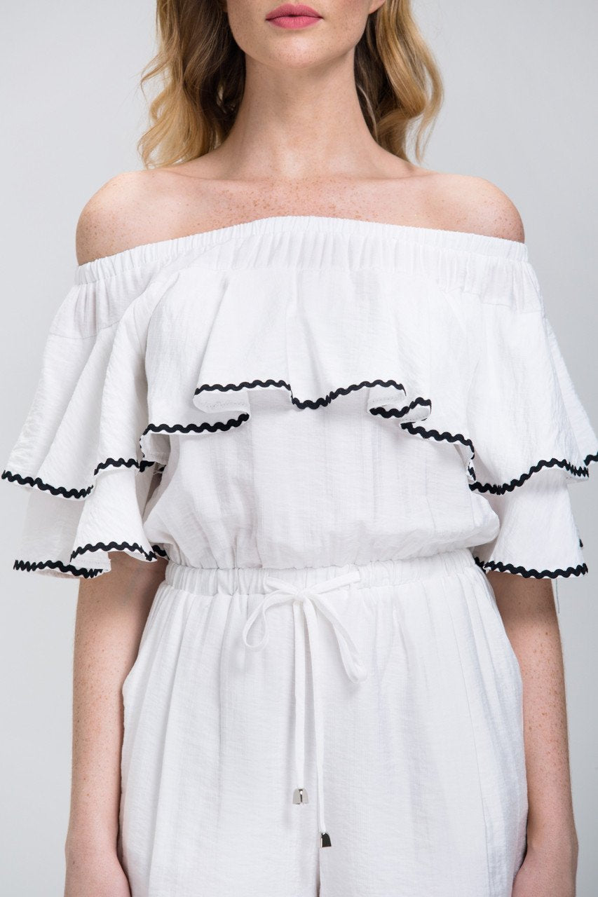 White Ruffled Off the Shoulder Drawstring Playsuit - ownthelooks-Development
