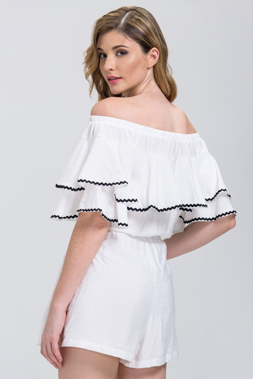 White Ruffled Off the Shoulder Drawstring Playsuit - ownthelooks-Development
