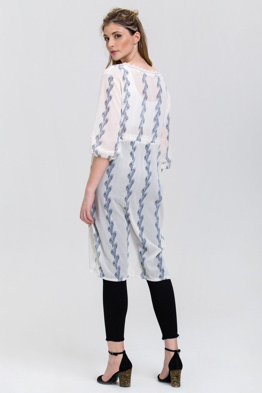 White Sheer Feather Print Long Robe Top - ownthelooks-Development