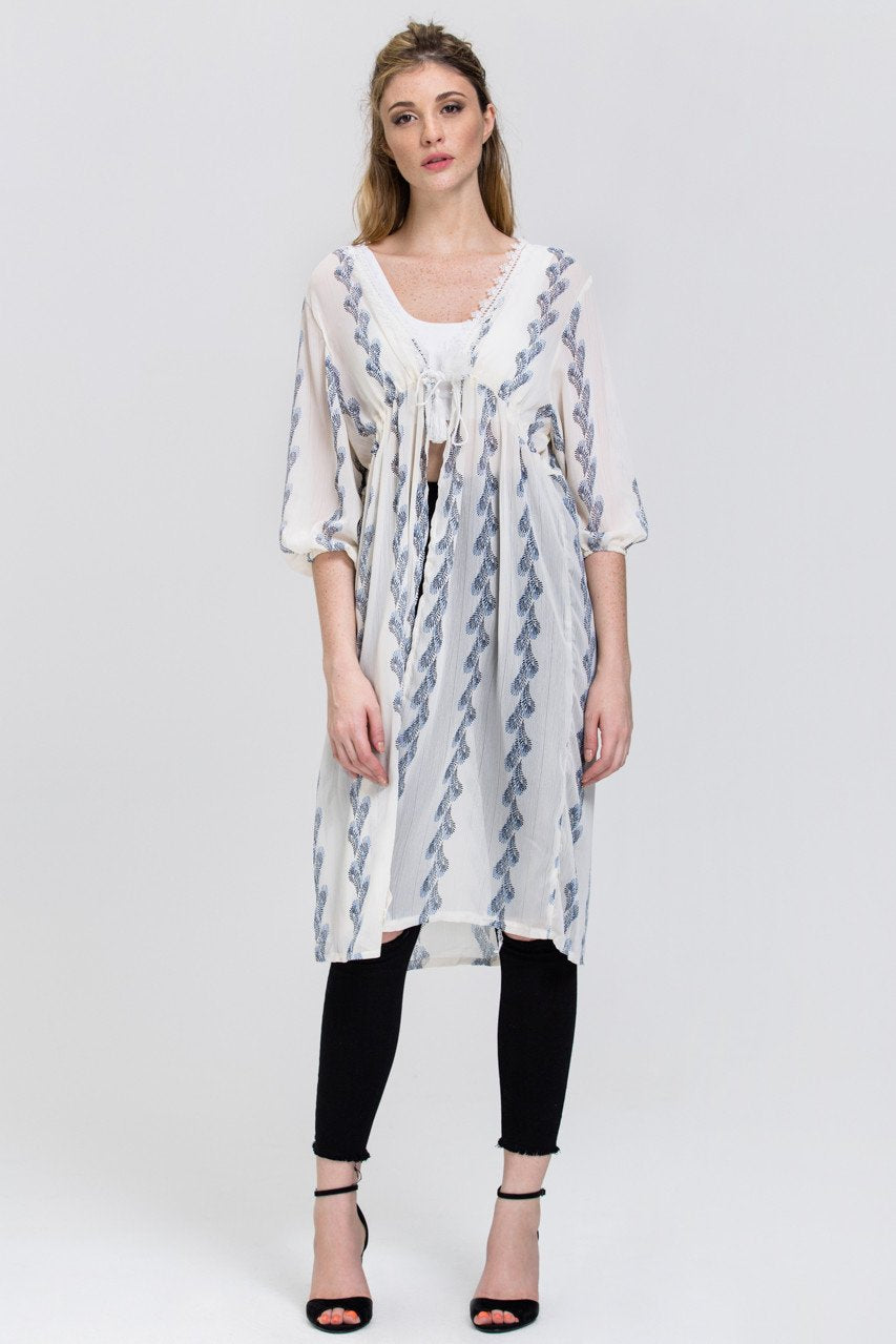 White Sheer Feather Print Long Robe Top - ownthelooks-Development