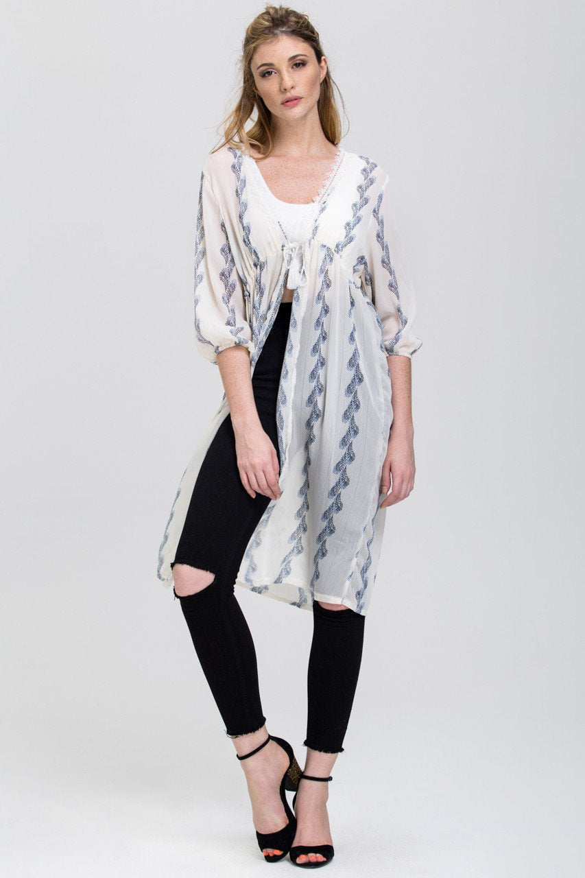 White Sheer Feather Print Long Robe Top - ownthelooks-Development
