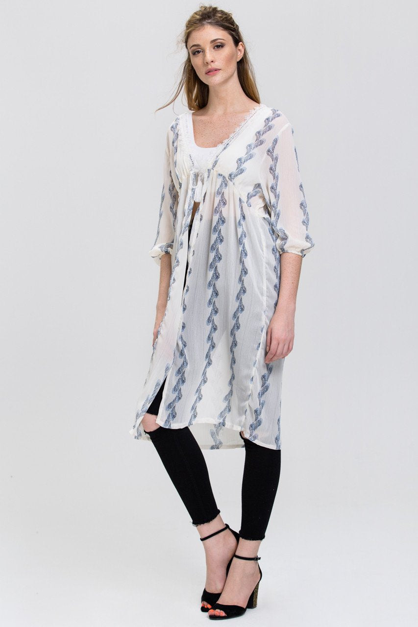 White Sheer Feather Print Long Robe Top - ownthelooks-Development