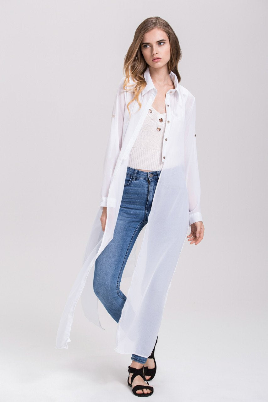 Rania Fawaz - White Sheer Gold Button Long Shirt Top - ownthelooks-Development