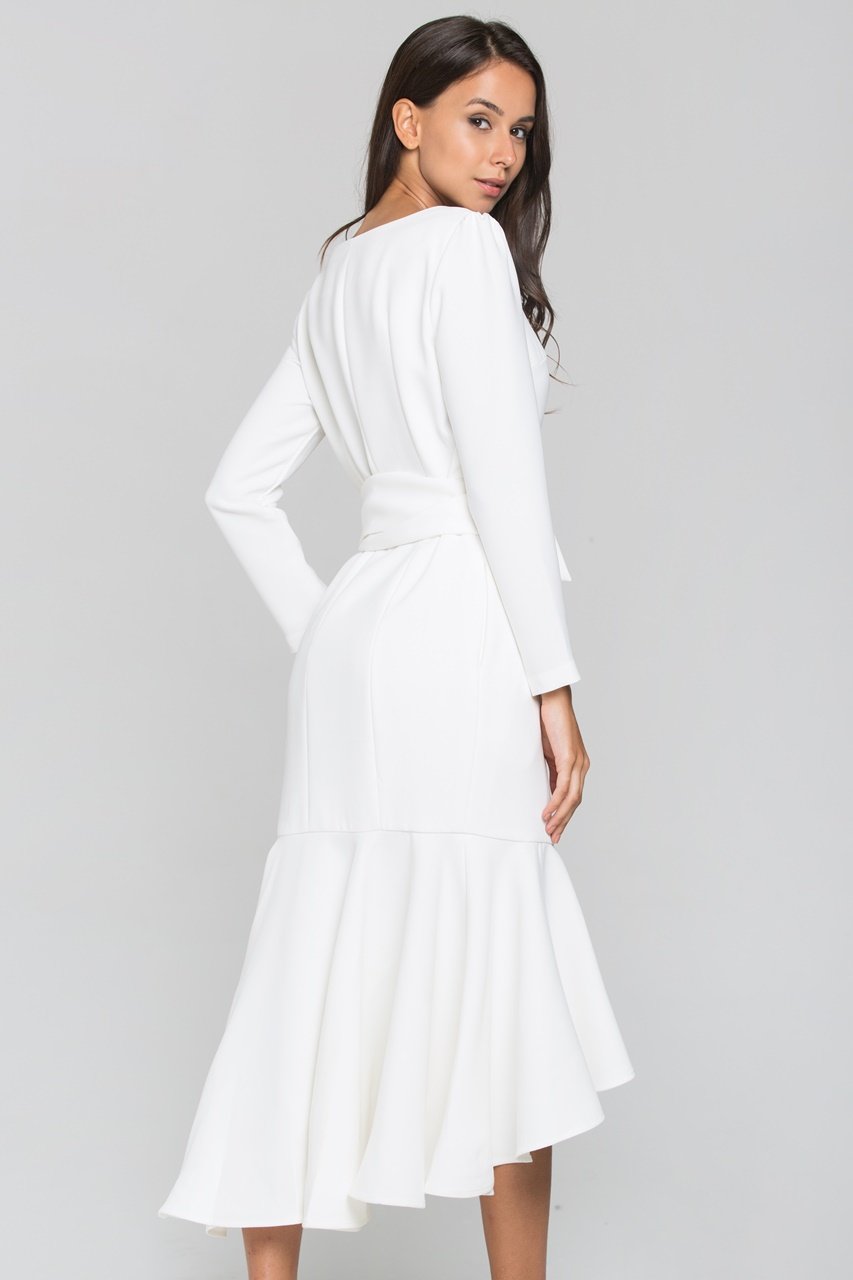 White Sleeved Button Up Trumpet Midi Dress - ownthelooks-Development