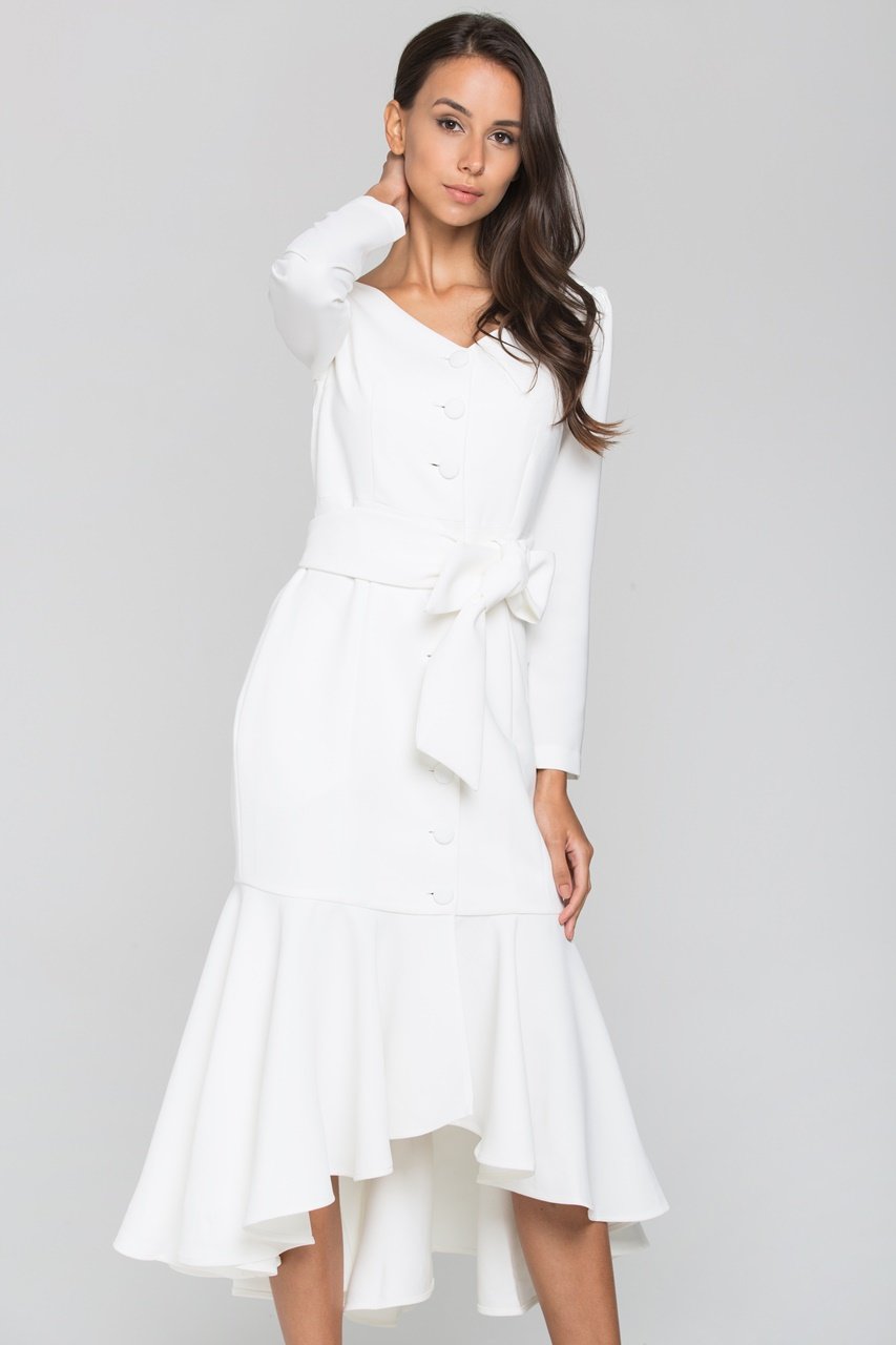 White Sleeved Button Up Trumpet Midi Dress - ownthelooks-Development