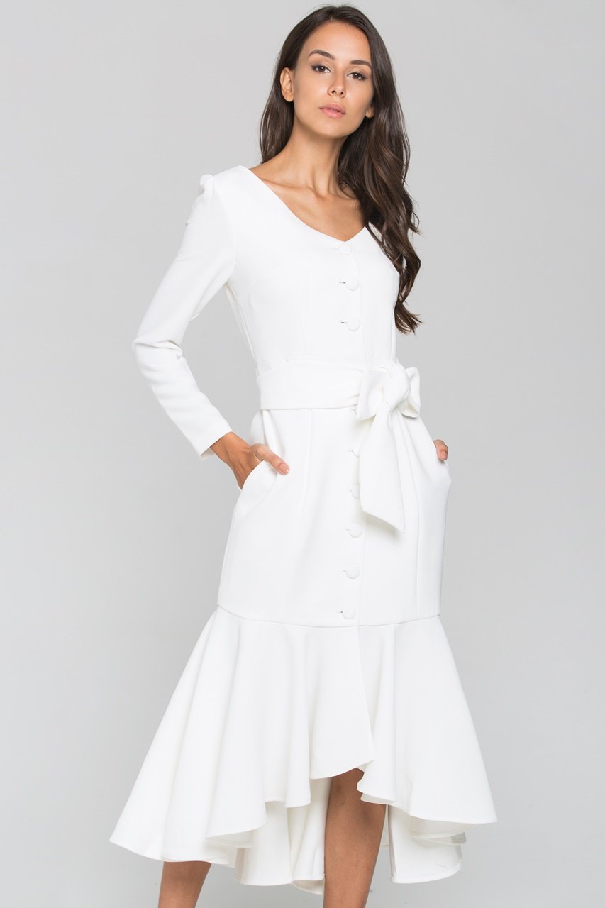 White Sleeved Button Up Trumpet Midi Dress - ownthelooks-Development
