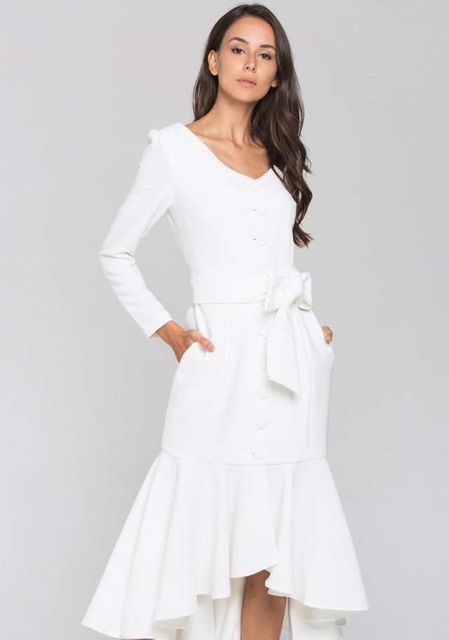 White Sleeved Button Up Trumpet Midi Dress - ownthelooks-Development
