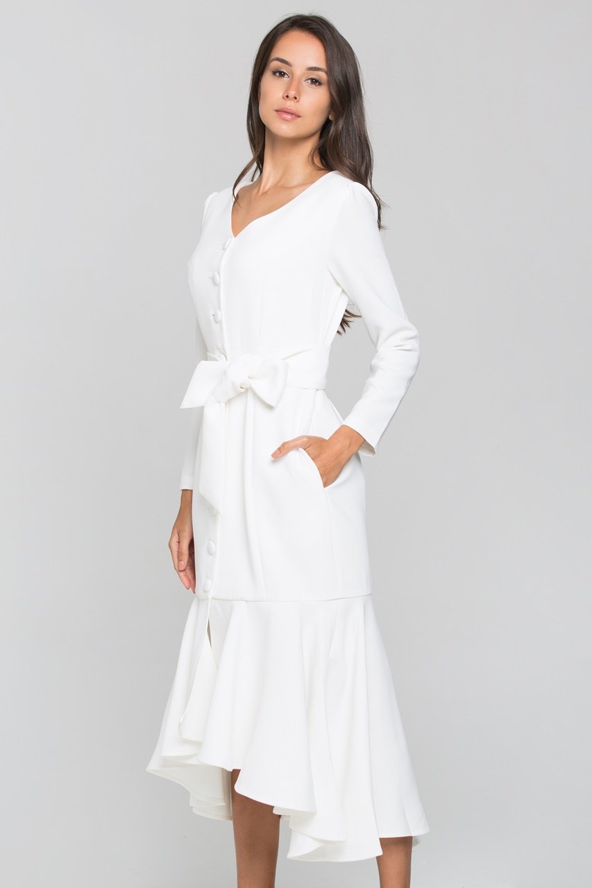 White Sleeved Button Up Trumpet Midi Dress - ownthelooks-Development
