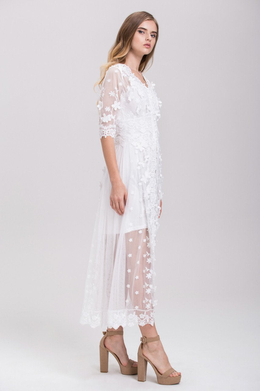 White Soft Tulle Guipure Lace Trim Layered Midi Dress - ownthelooks-Development