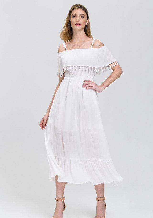 White Tassel Trim off the Shoulder Summer Maxi Dress - ownthelooks-Development