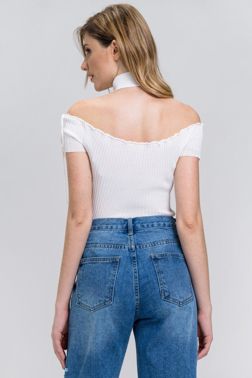 Rania Fawaz - White Off the Shoulder Bodycon Choker Top - ownthelooks-Development