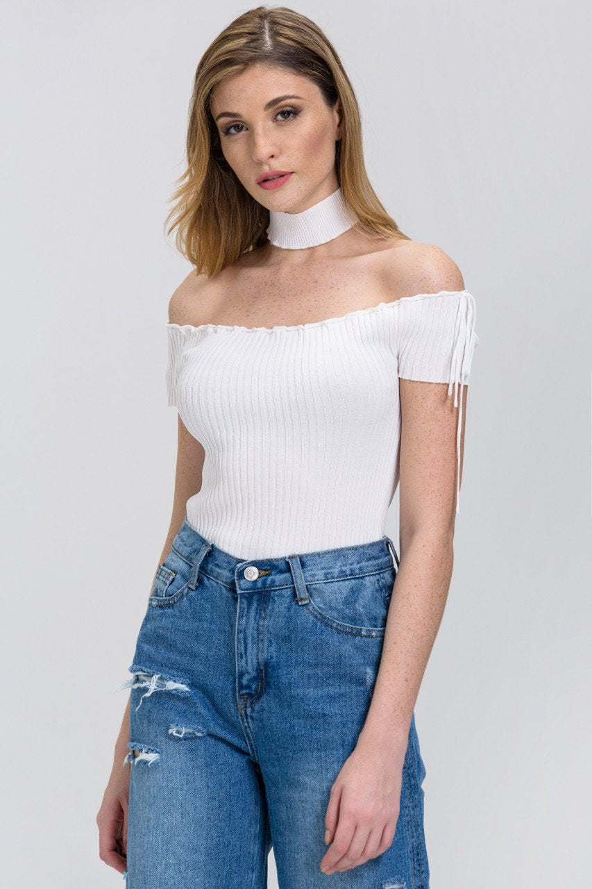 Rania Fawaz - White Off the Shoulder Bodycon Choker Top - ownthelooks-Development