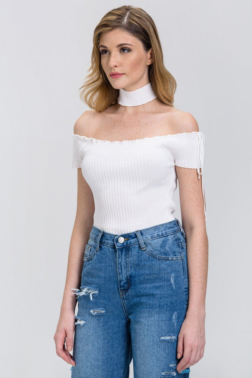 Rania Fawaz - White Off the Shoulder Bodycon Choker Top - ownthelooks-Development