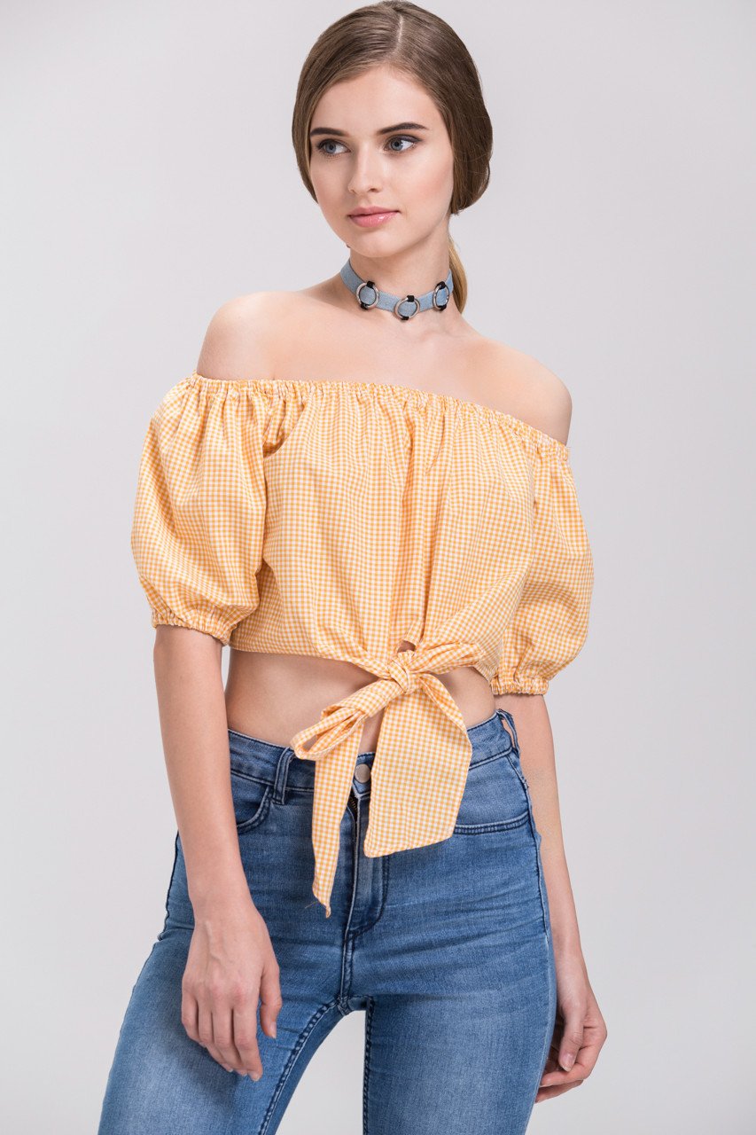 Rania Fawaz - Yellow Gingham off the shoulder Tie up Crop Top - ownthelooks-Development