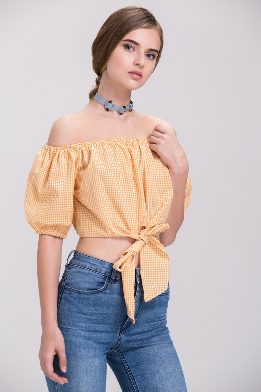 Rania Fawaz - Yellow Gingham off the shoulder Tie up Crop Top - ownthelooks-Development