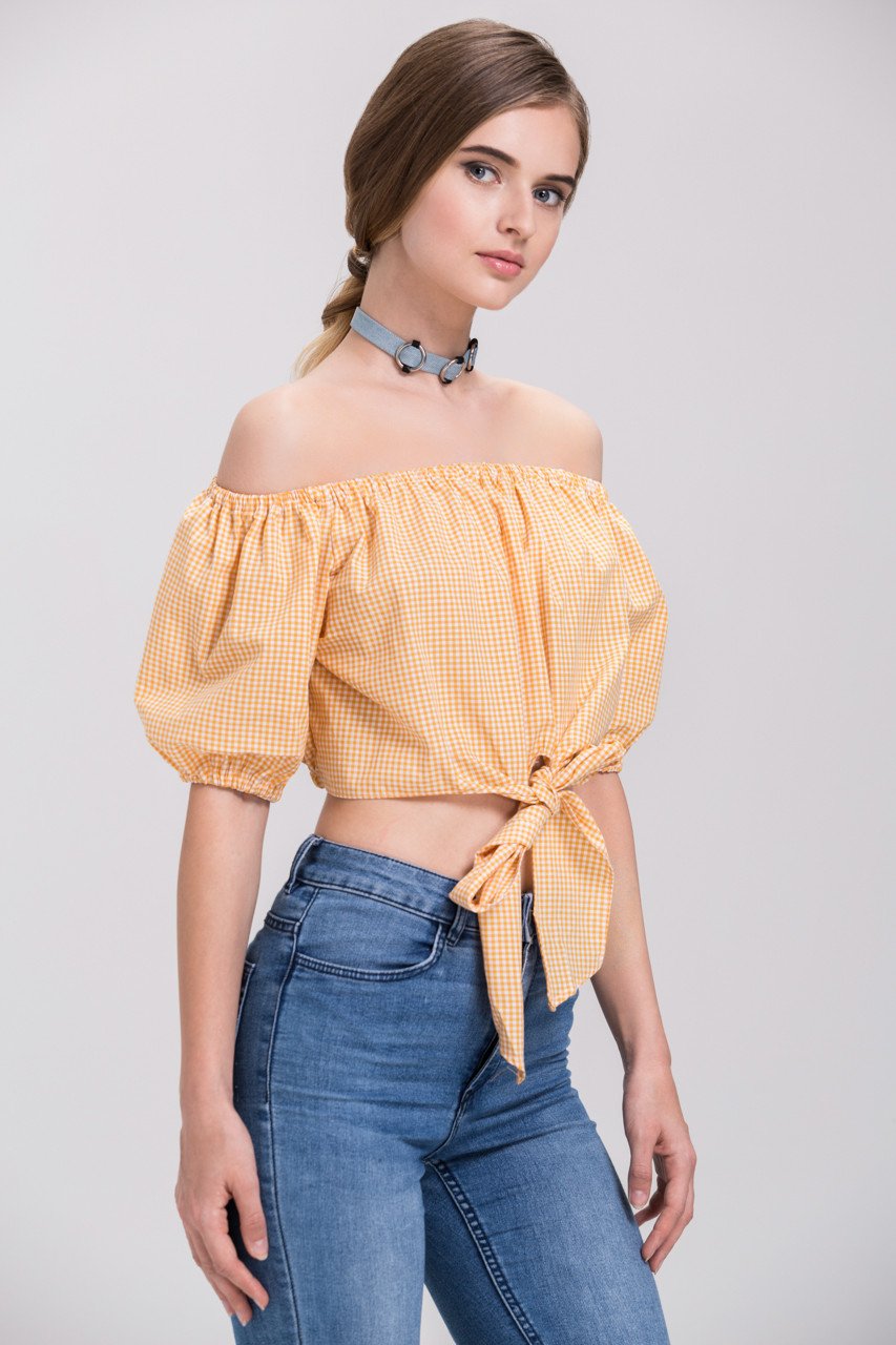 Rania Fawaz - Yellow Gingham off the shoulder Tie up Crop Top - ownthelooks-Development
