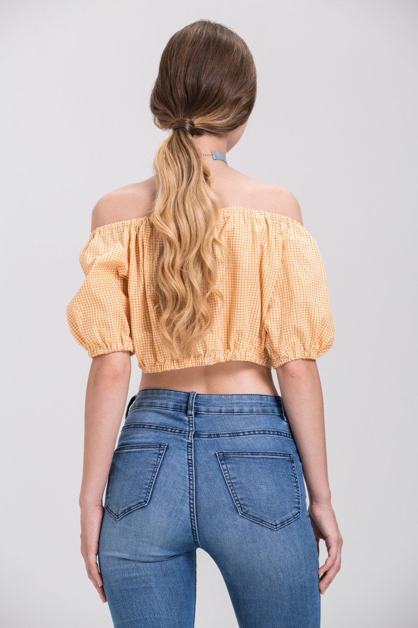 Rania Fawaz - Yellow Gingham off the shoulder Tie up Crop Top - ownthelooks-Development