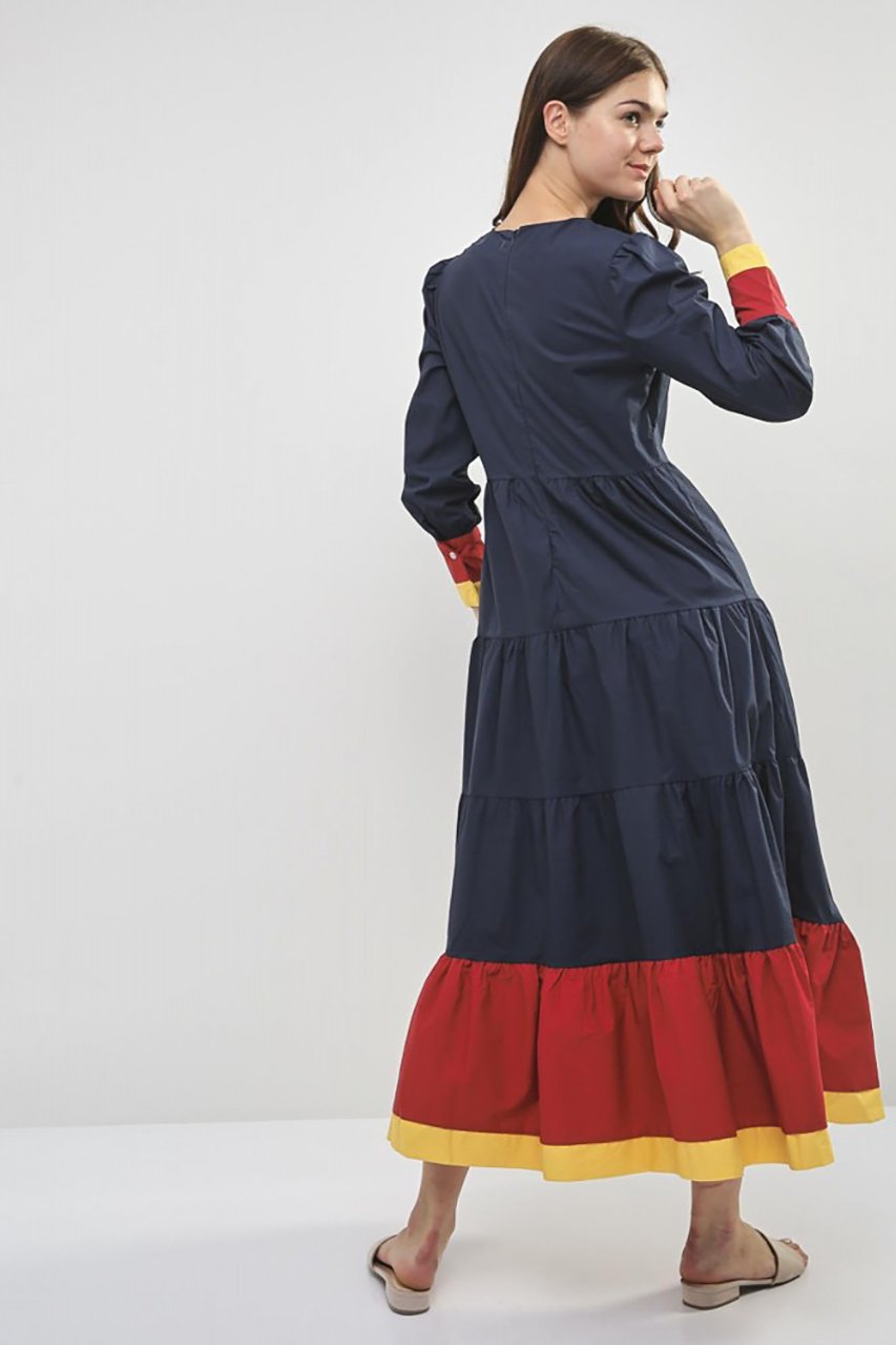 Blue and Yellow Cuff Long Sleeves Midi Dress - ownthelooks-Development