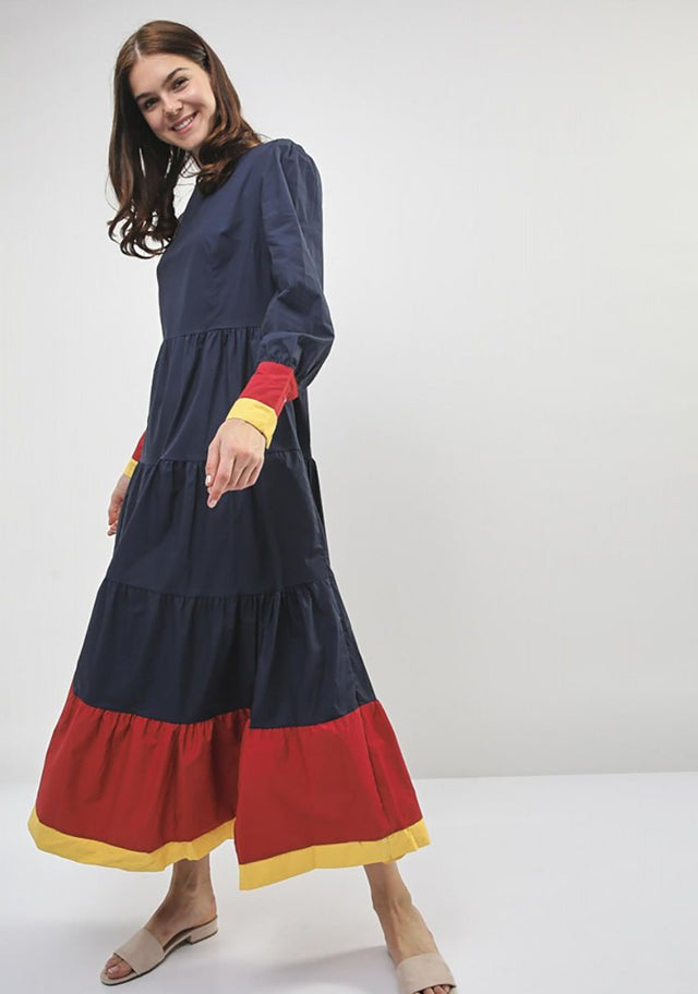 Blue and Yellow Cuff Long Sleeves Midi Dress - ownthelooks-Development