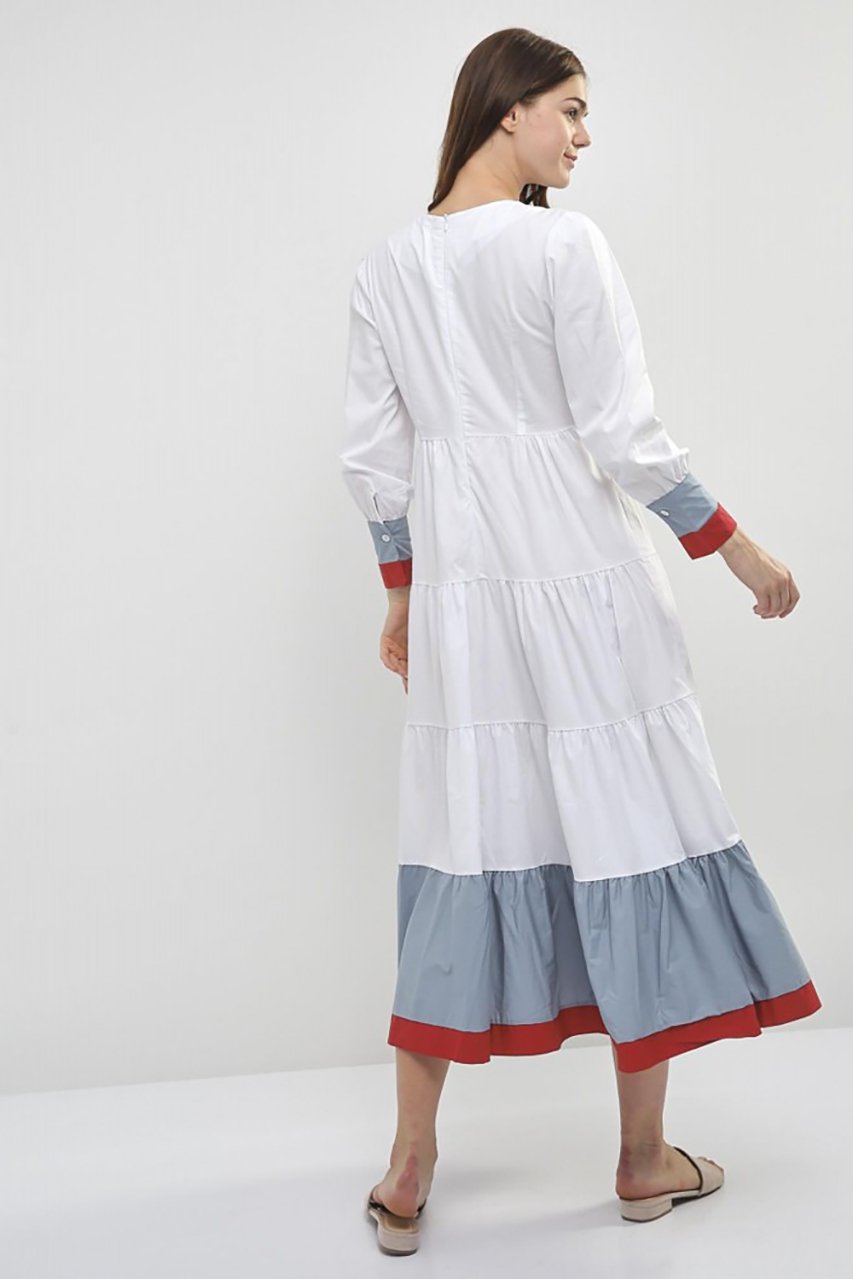 White and Blue Cuff Long Sleeves Midi Dress - ownthelooks-Development