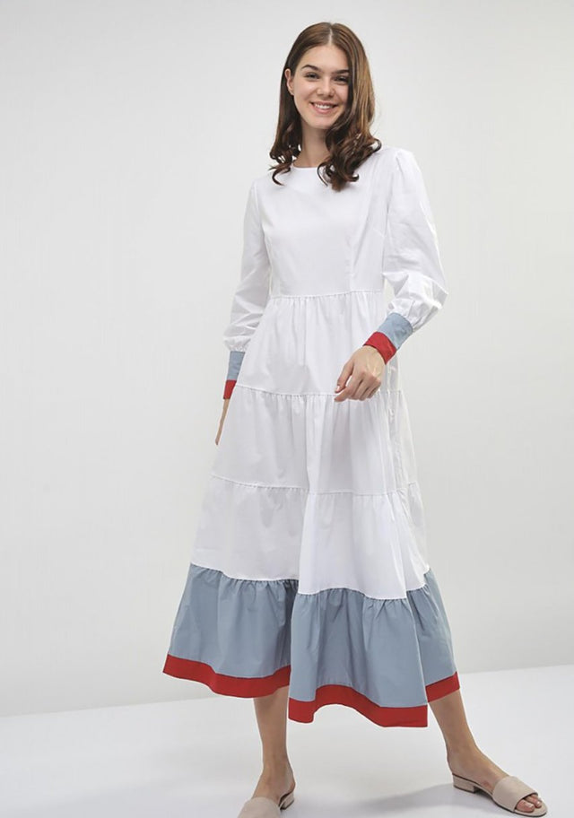 White and Blue Cuff Long Sleeves Midi Dress - ownthelooks-Development