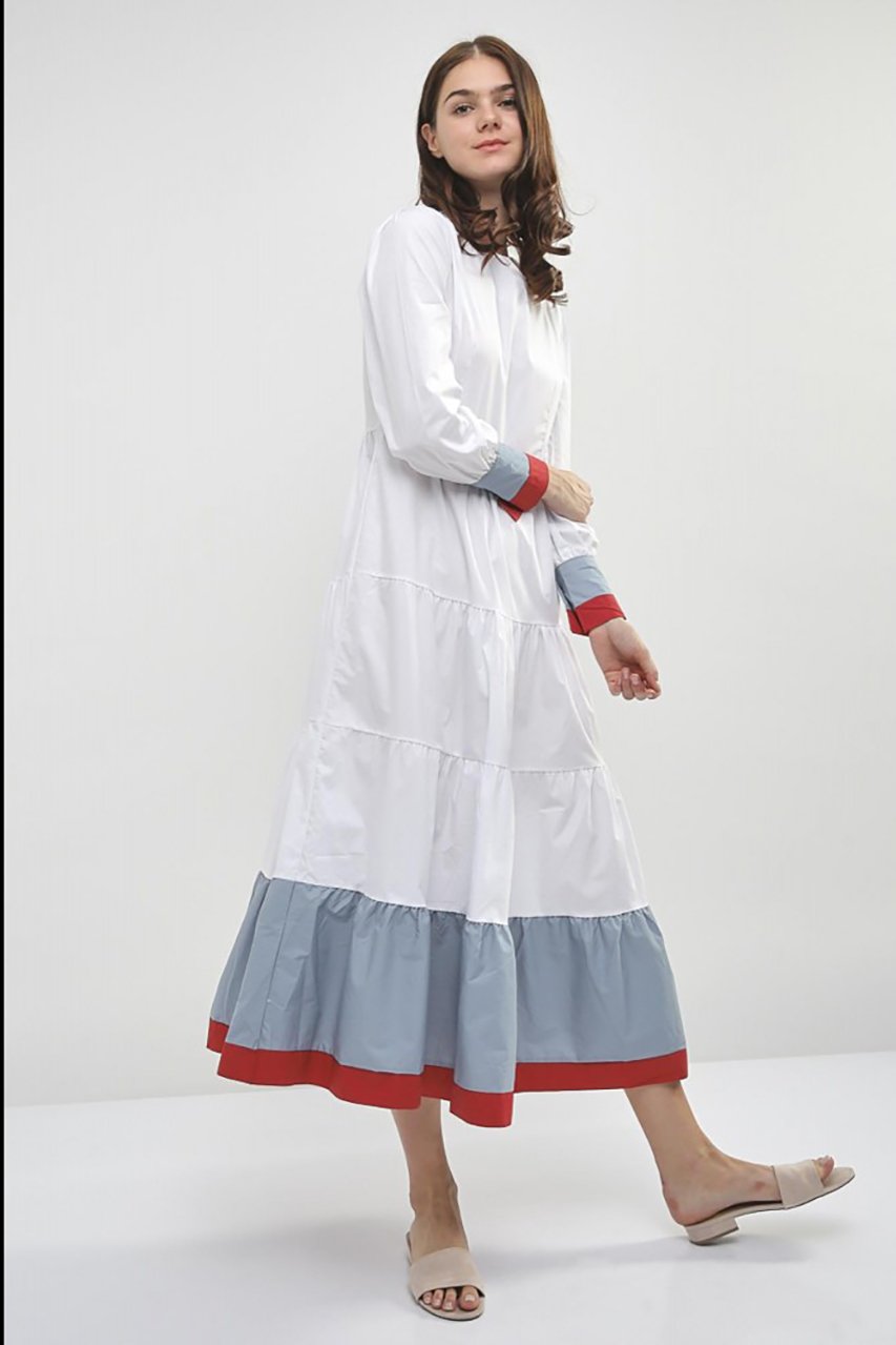 White and Blue Cuff Long Sleeves Midi Dress - ownthelooks-Development