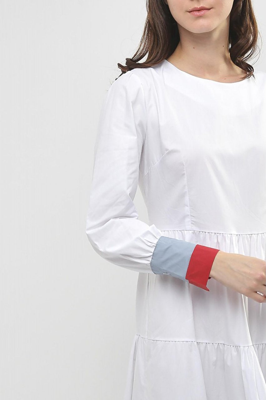 White and Blue Cuff Long Sleeves Midi Dress - ownthelooks-Development