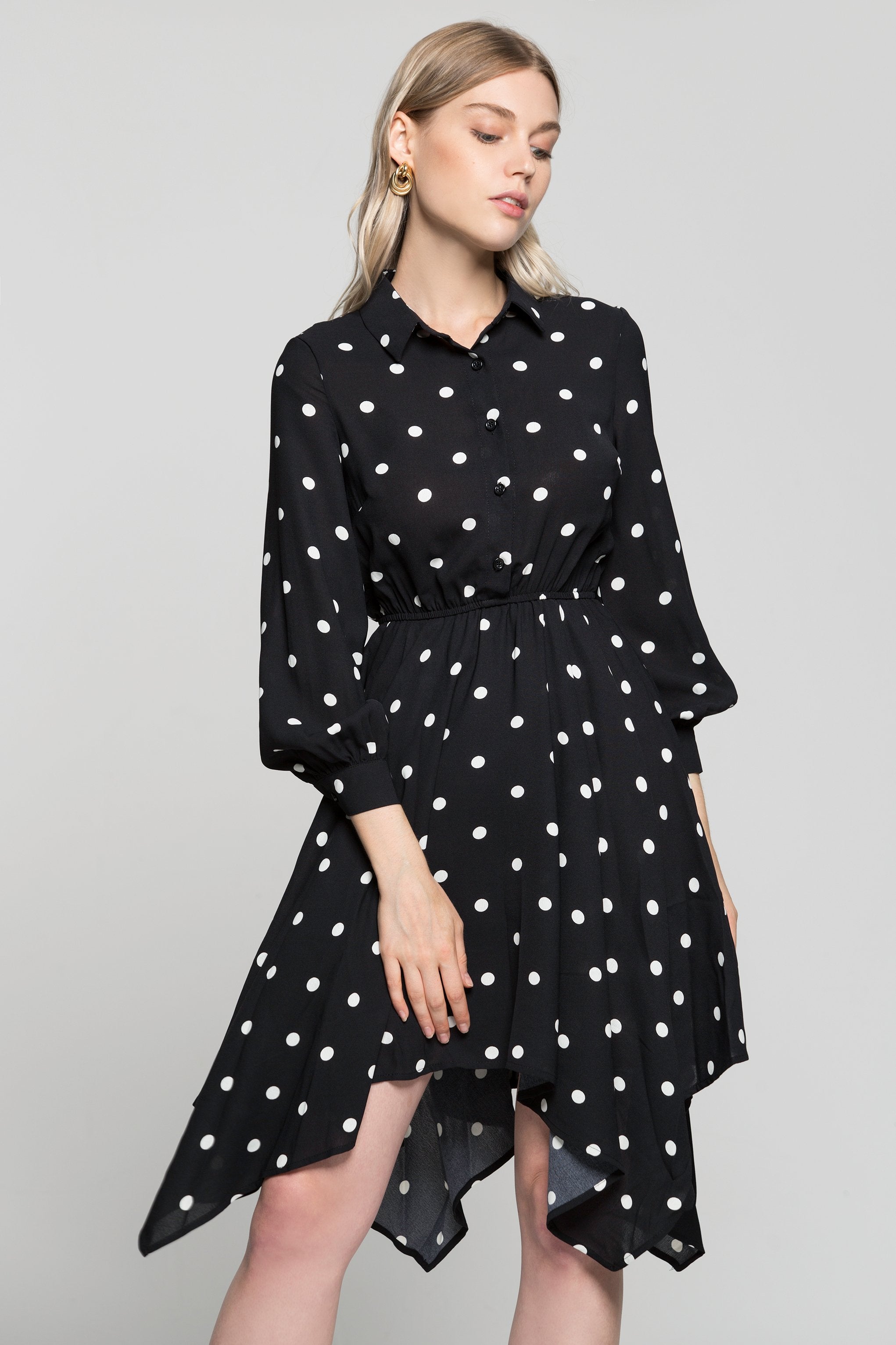 Black Full Sleeves Collared Neck White Polka Dots Dress - ownthelooks-Development