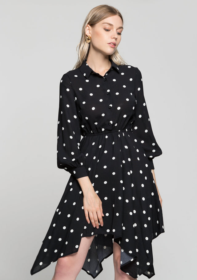 Black Full Sleeves Collared Neck White Polka Dots Dress - ownthelooks-Development