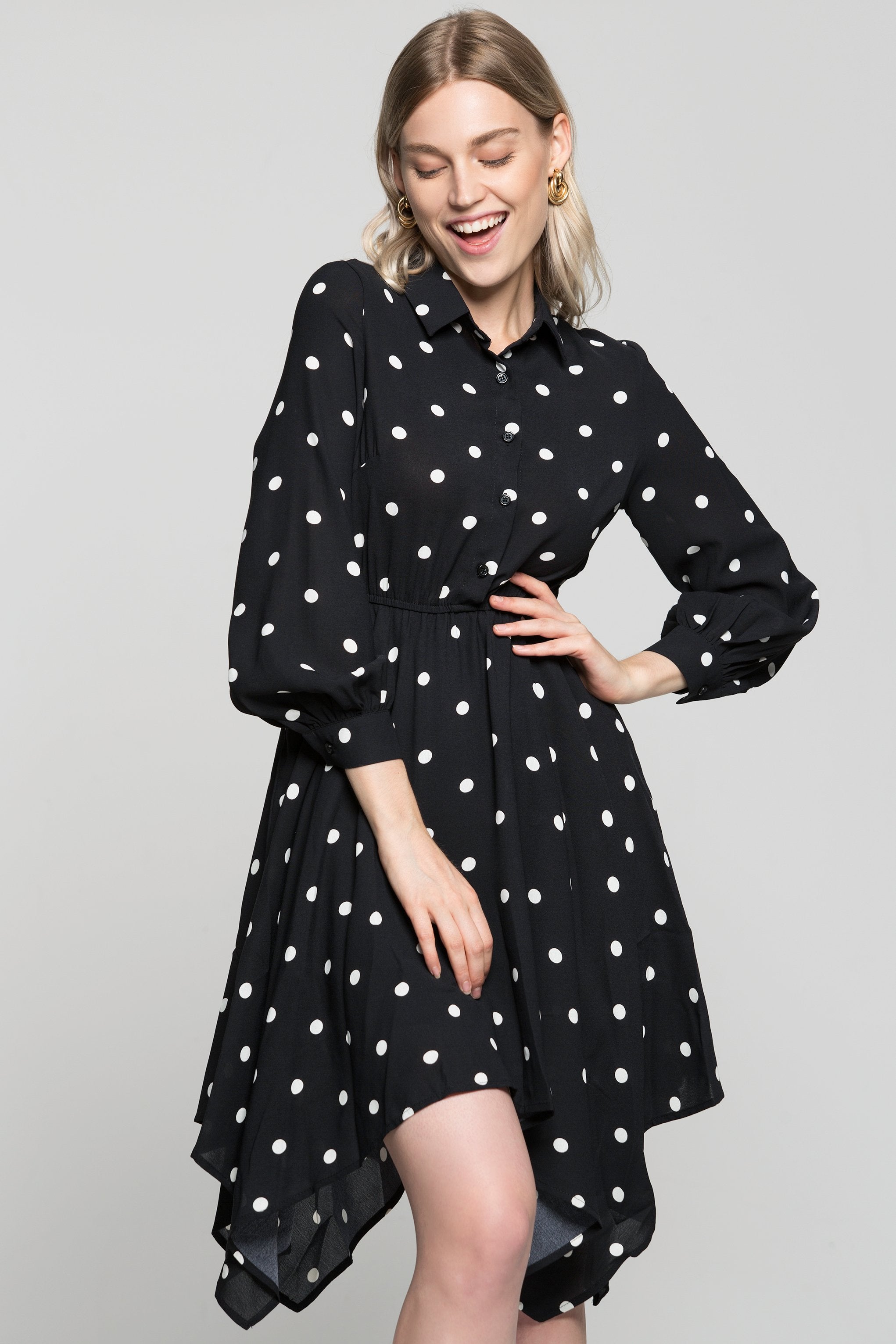 Black Full Sleeves Collared Neck White Polka Dots Dress - ownthelooks-Development