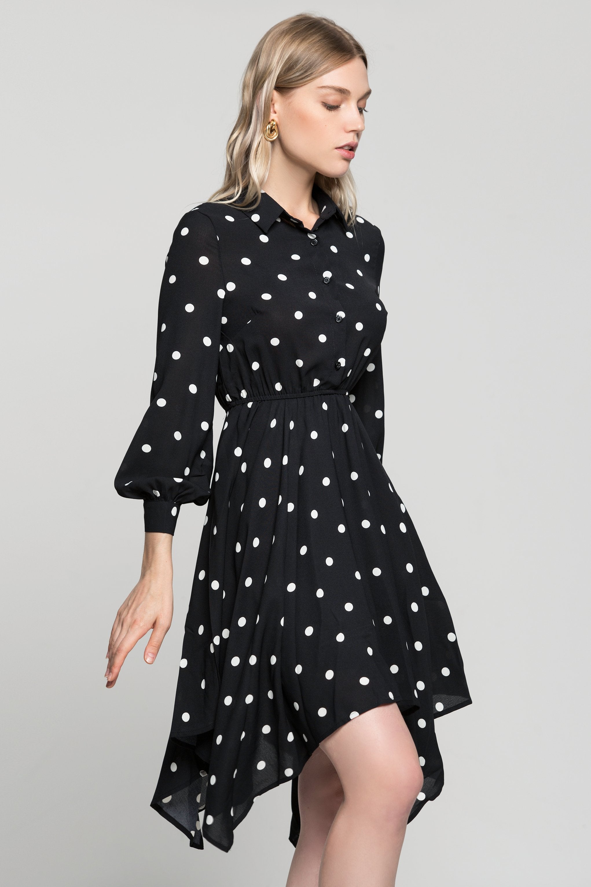 Black Full Sleeves Collared Neck White Polka Dots Dress - ownthelooks-Development