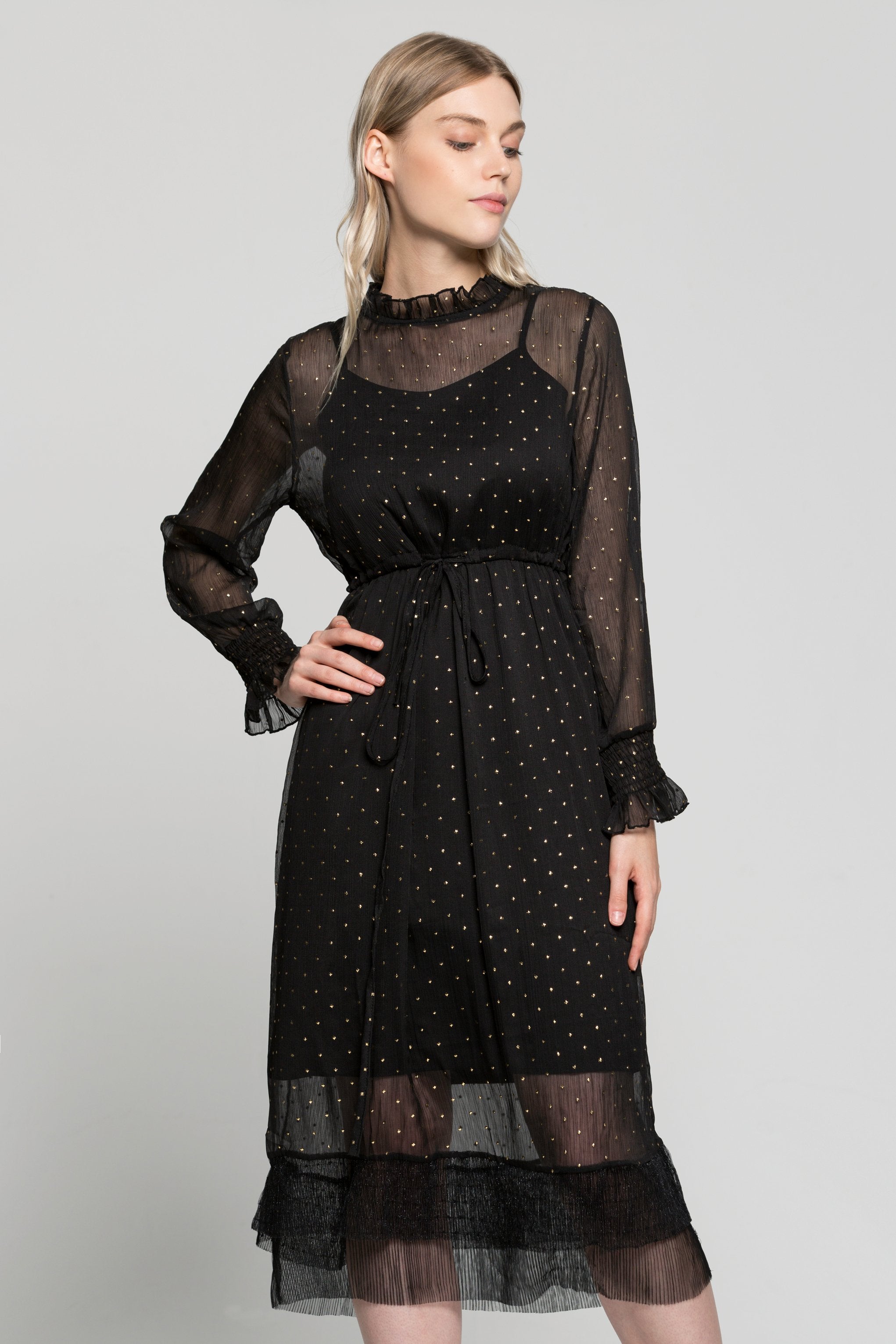 Black Star Sheer Ruffle Collar and Sleeves Midi Dress - ownthelooks-Development