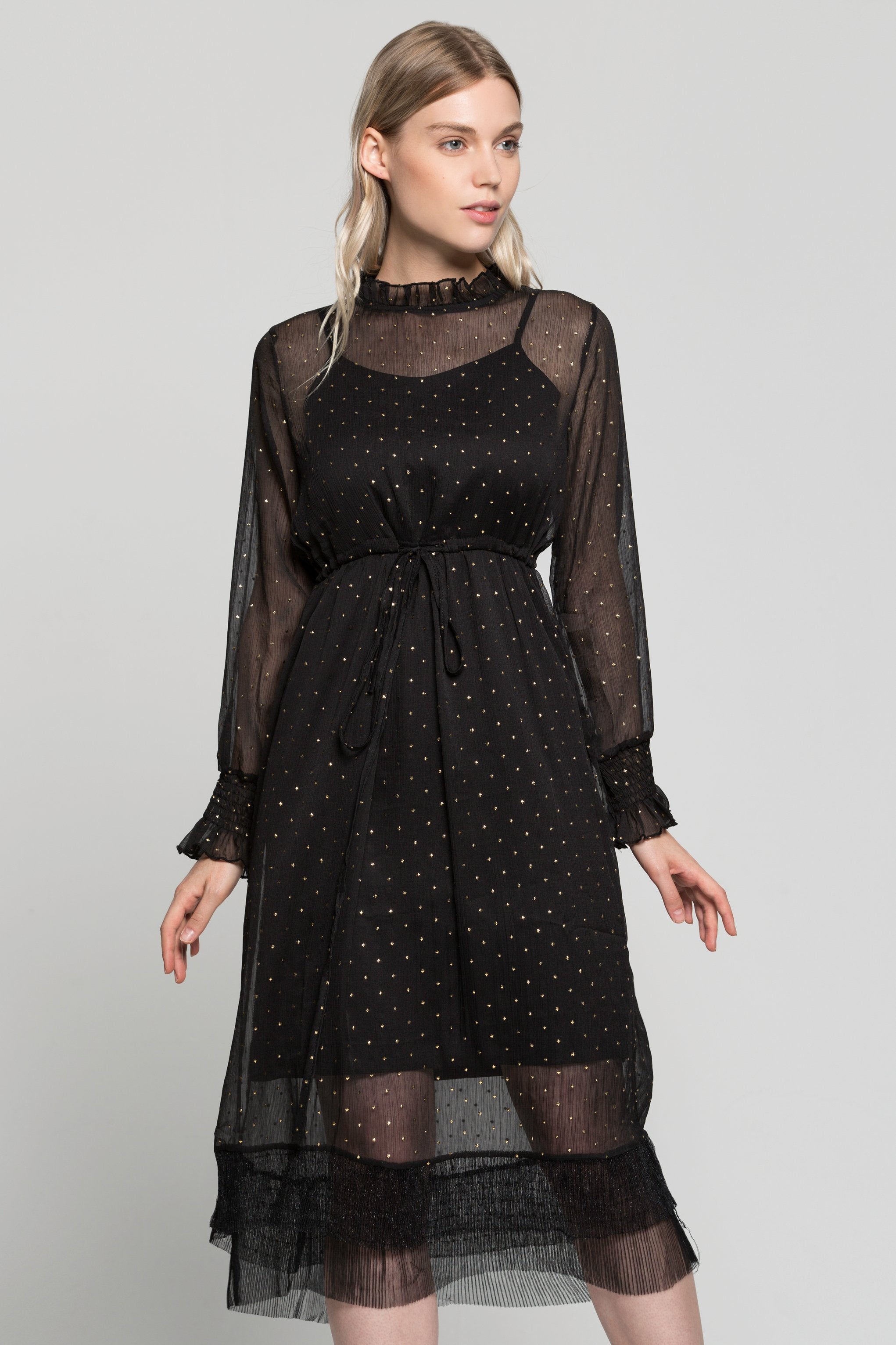 Black Star Sheer Ruffle Collar and Sleeves Midi Dress - ownthelooks-Development