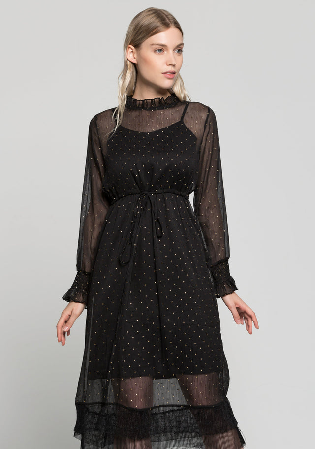 Black Star Sheer Ruffle Collar and Sleeves Midi Dress - ownthelooks-Development