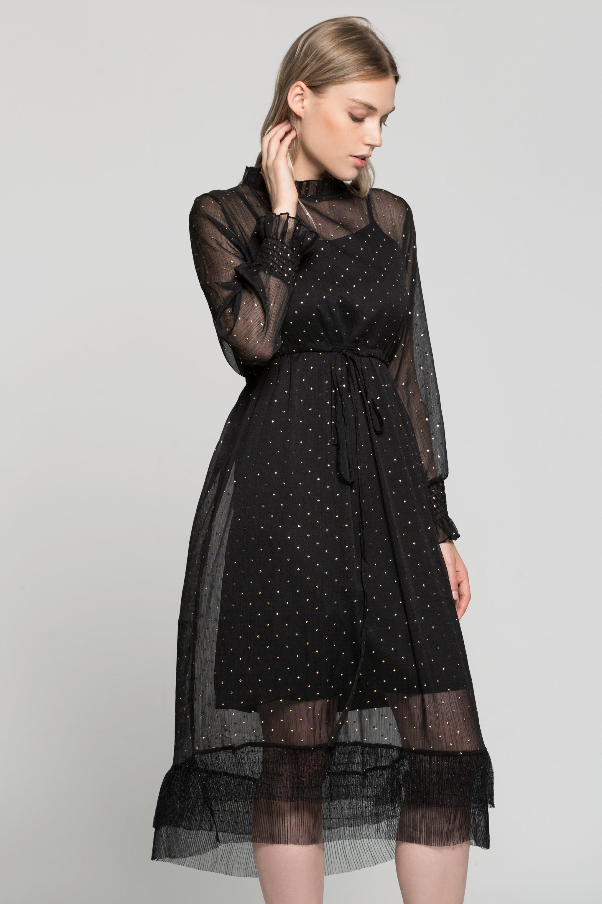 Black Star Sheer Ruffle Collar and Sleeves Midi Dress - ownthelooks-Development