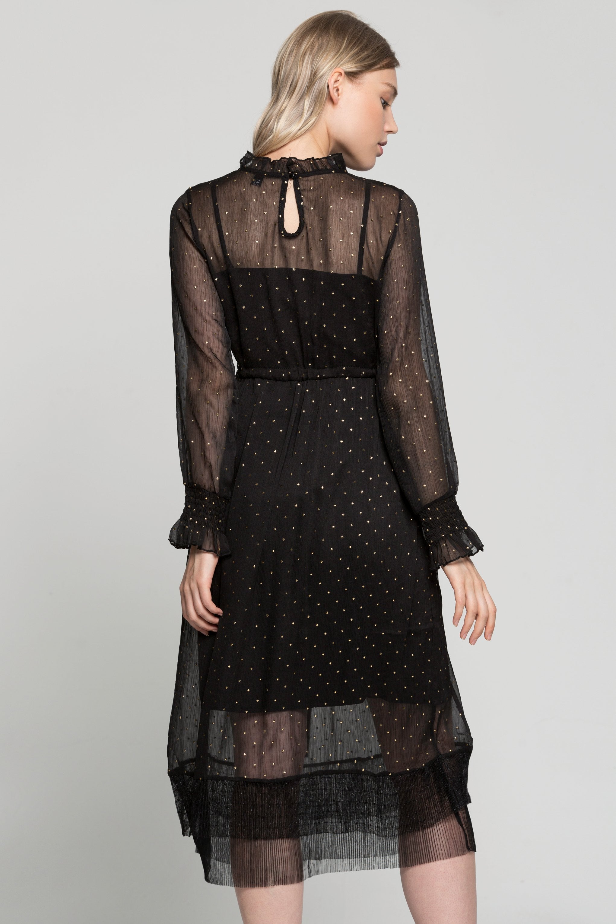 Black Star Sheer Ruffle Collar and Sleeves Midi Dress - ownthelooks-Development