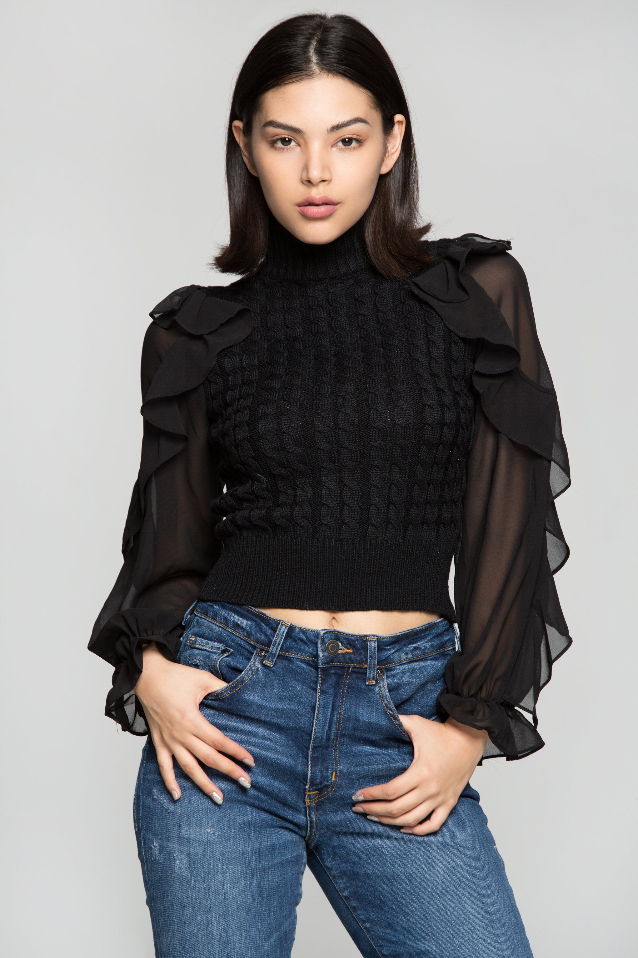 Black Turtle neck Sheer Sleeves Woollen Top - ownthelooks-Development